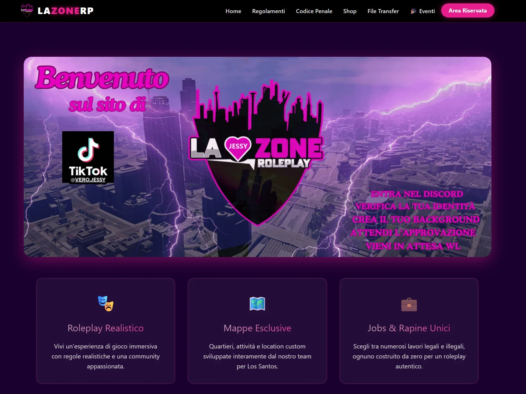 Screenshot sito LaZoneRP — Ecosistema web per community FiveM GTA V, server italiano Los Santos con mappe customizzate
