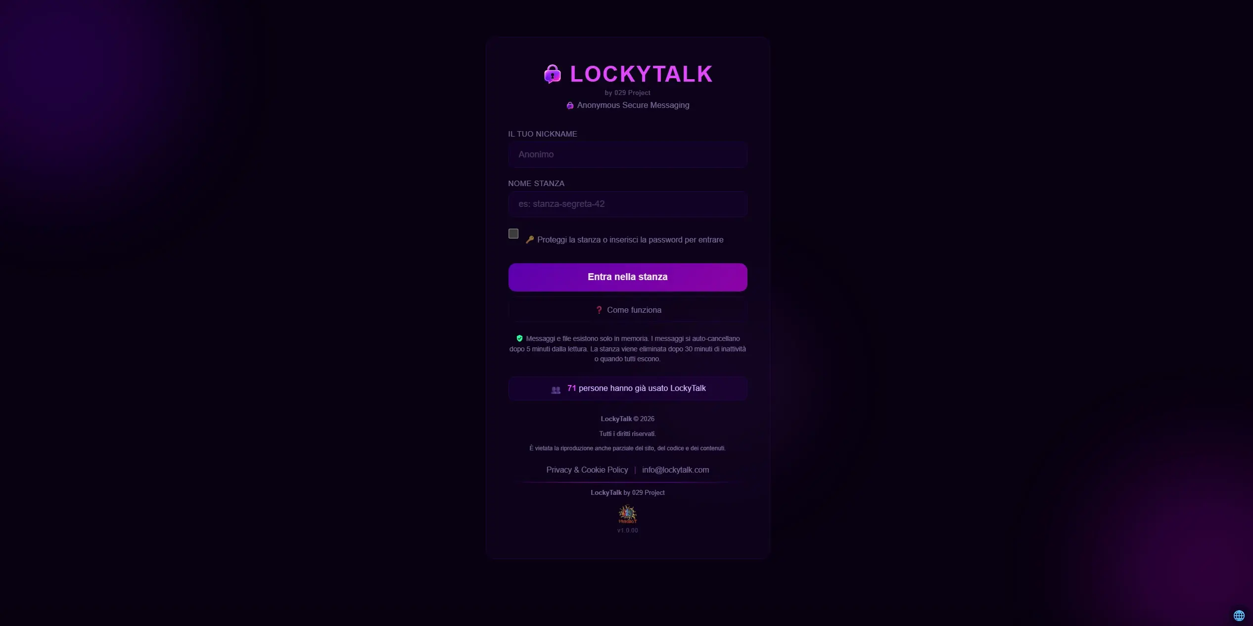 Screenshot app LockyTalk — Messaggistica anonima e segreta con architettura privacy-first, zero persistenza dati