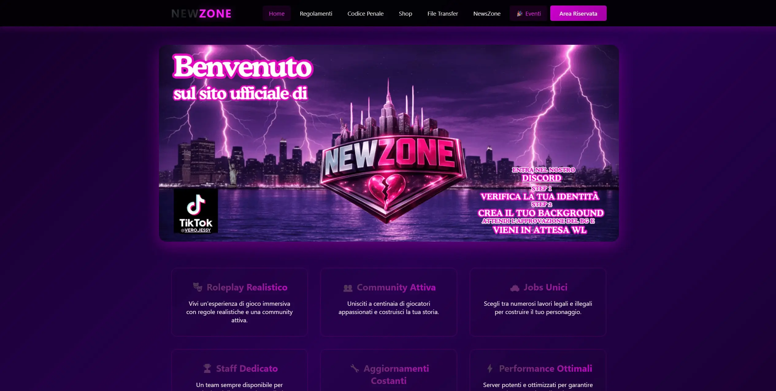 Screenshot sito NewZoneRP — Ecosistema web per community FiveM GTA V, server italiano Liberty City ad alto traffico