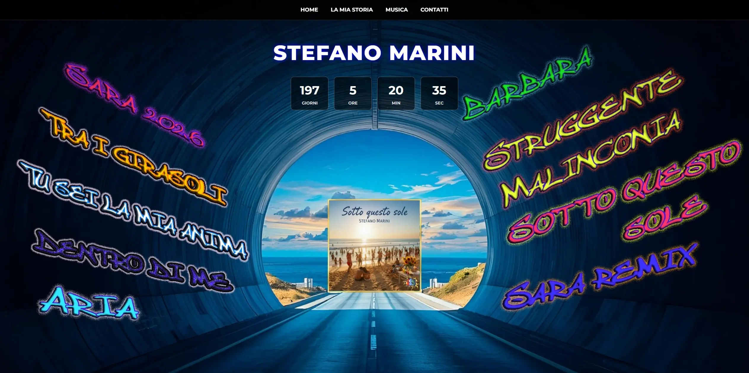 Screenshot sito stefanomarini.it — Digital Branding e identità visiva immersiva con estetica neon per il settore artistico/musicale