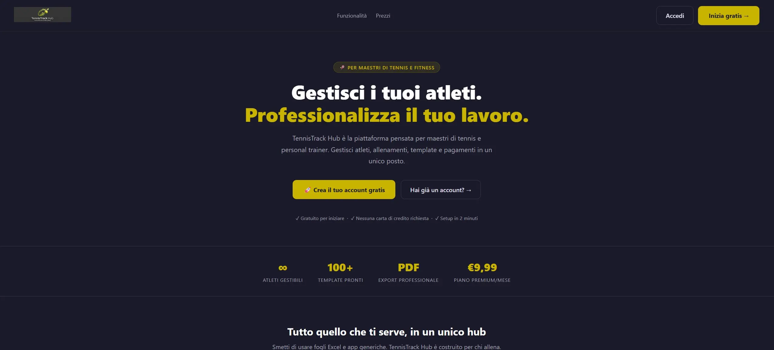 Dashboard analitica TennisTrackHub — SaaS per gestione atleti e performance tennistiche per maestri e personal trainer