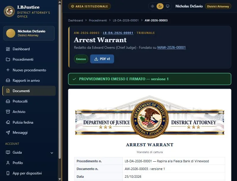 Screenshot LB Justice con dati di prova — portale giustizia per server roleplay di 029 RP Suite — ATTO — Mandato emesso e firmato, pronto in PDF