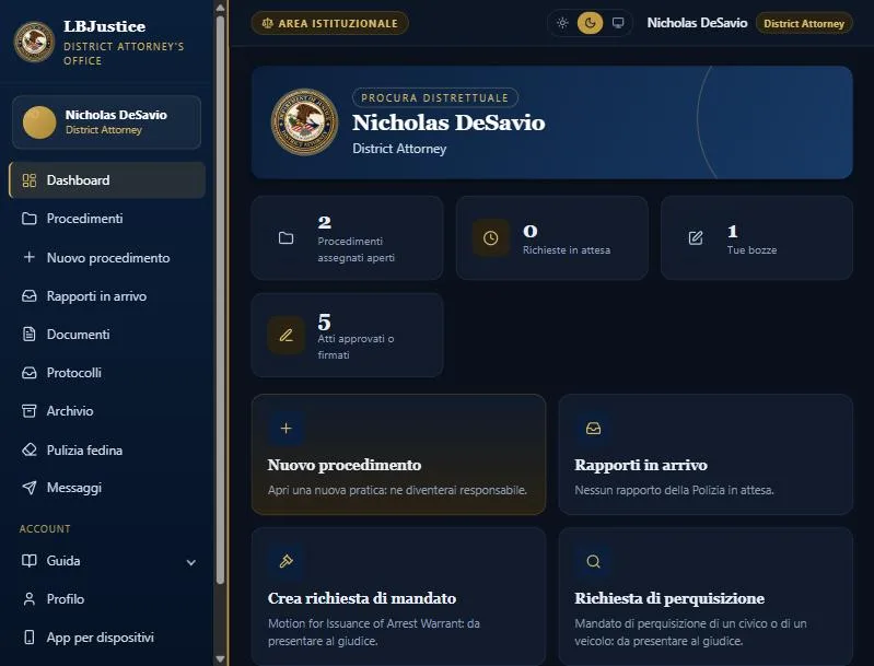 Screenshot LB Justice con dati di prova — portale giustizia per server roleplay di 029 RP Suite — DASHBOARD — Il punto di partenza di ogni ufficio