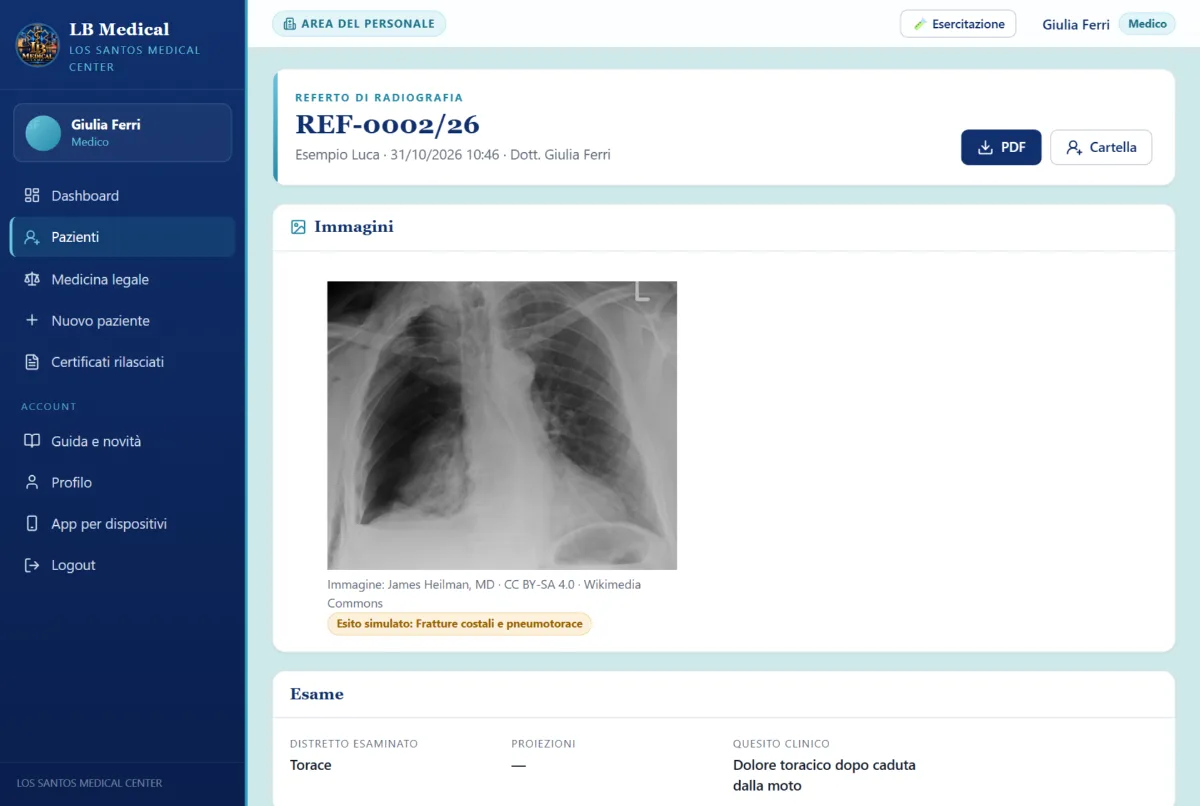 Screenshot LB Medical con dati di prova — portale ospedaliero per server roleplay di 029 RP Suite — RADIOGRAFIA — Torace con fratture costali